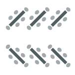 Six tables are arranged into two rows of three with each table slanted at angle . Each table has two chairs on each side of the table and one chair on each end of the table.