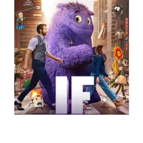 A large furry purple being flanked by actors Ryan Reynolds and Cailey Fleming. They are walking past the camera and the purple being is making eye contact, like it wants to be friends.