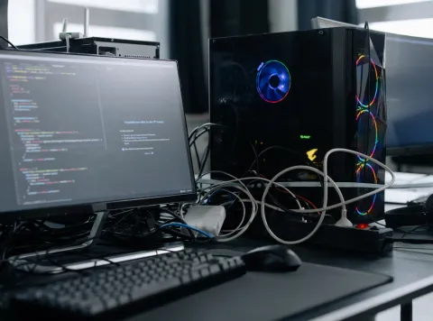 Desktop computer with wires showing