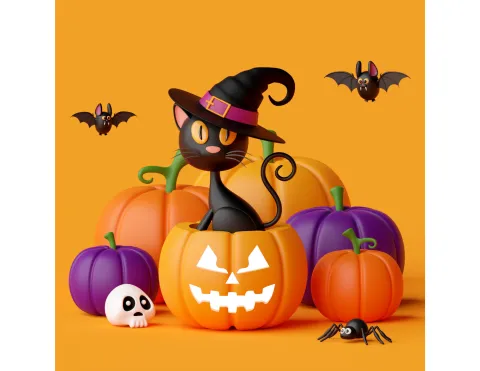 a cartoonish black cat wearing a black witch's hat with a purple band, sitting in a jack-o-lantern and surrounded by orang and purple pumpkins. Some friendly bats fly around in the background.