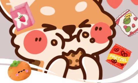 Puppy eating and surrounded by snacks