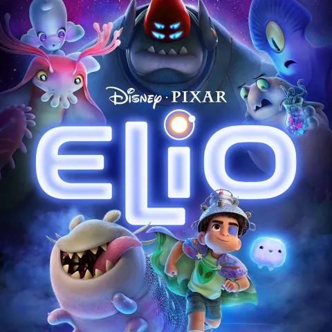 Poster art for the movie, with "Elio" in neon-glowing letters and images of the characters