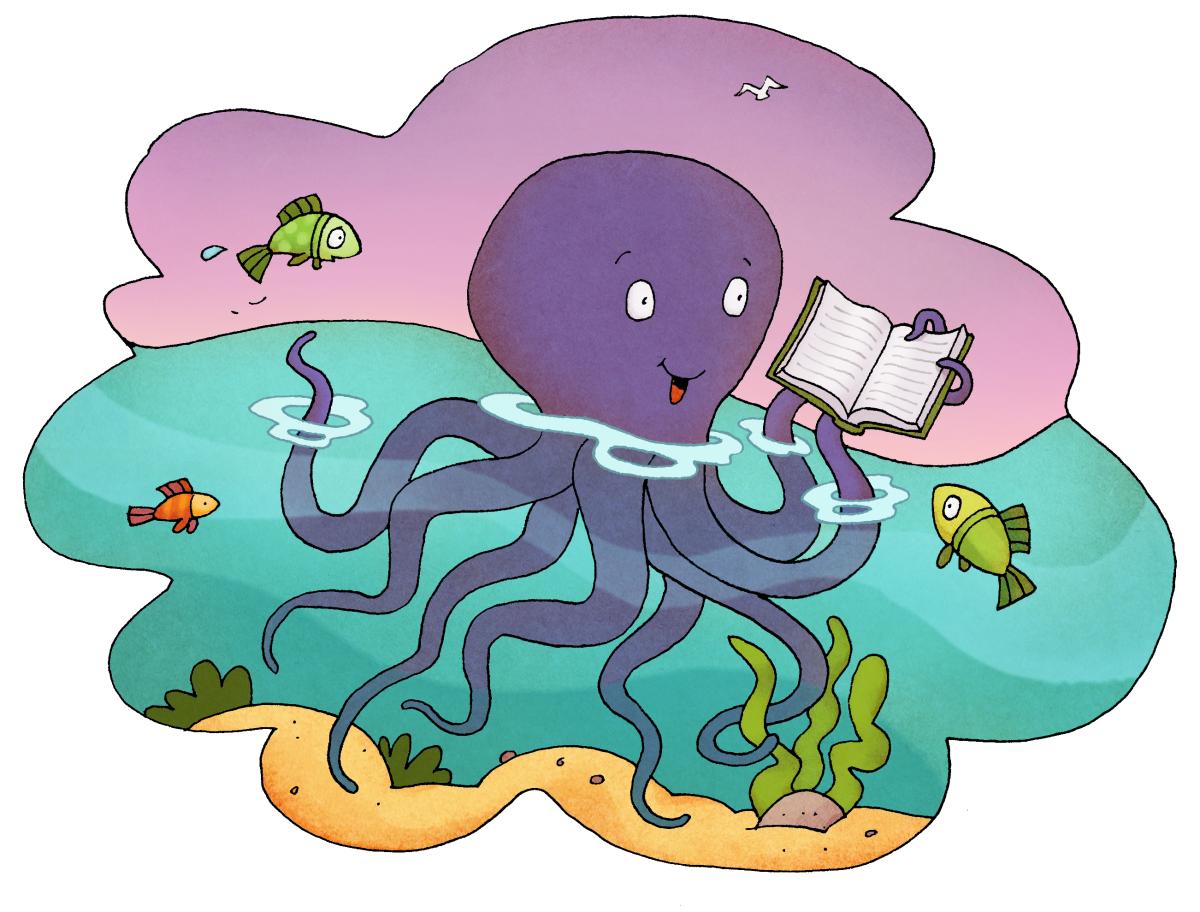 A purple octopus holding a book and reading to a few fish.