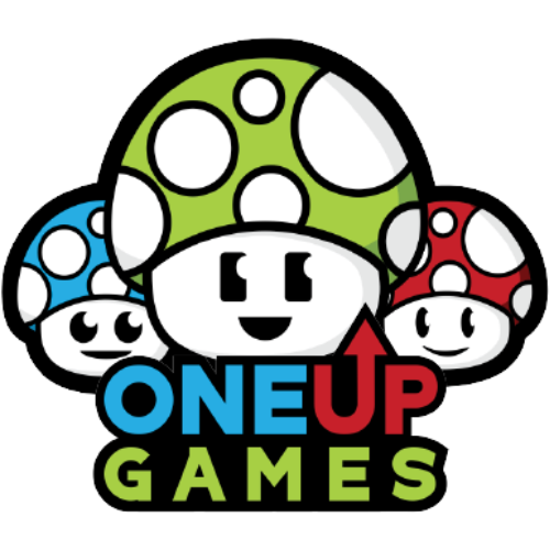 Three mushroom-people with colorful caps. Text says "One Up Games"