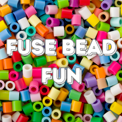 A mess of colorful fuse beads, text reads "Fuse Bead Fun"