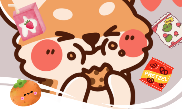 Puppy eating and surrounded by snacks