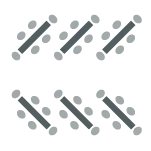 Six tables are arranged into two rows of three with each table slanted at angle . Each table has two chairs on each side of the table and one chair on each end of the table.